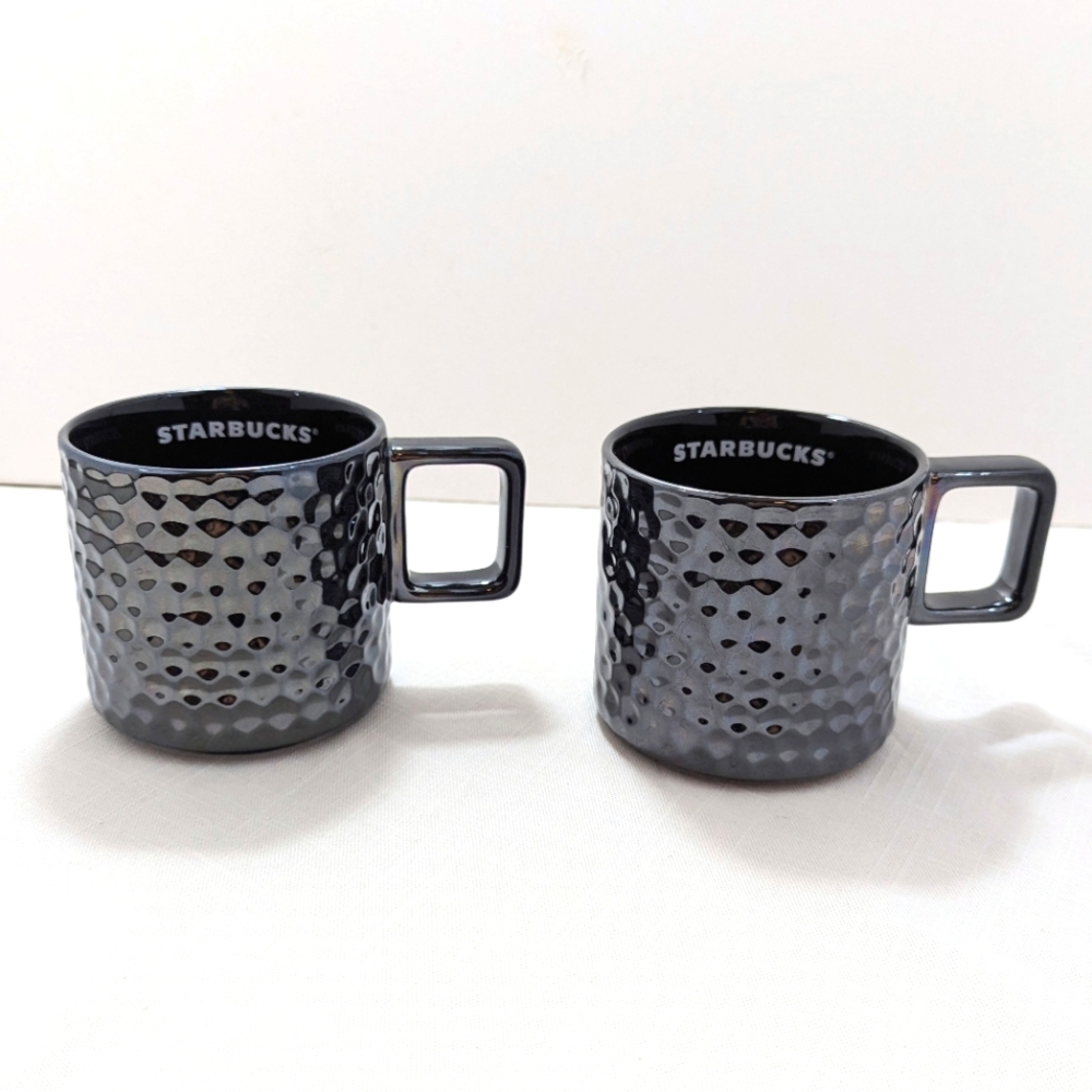 Lot of 2 New but Flawed Starbucks Silver & Black Metallic Mugs Iridescent
